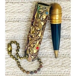 VINTAGE GOLD FILIGREE RAISED RELIEF RHINESTONE COMPACT MINI PURSE PEN KEYCHAIN